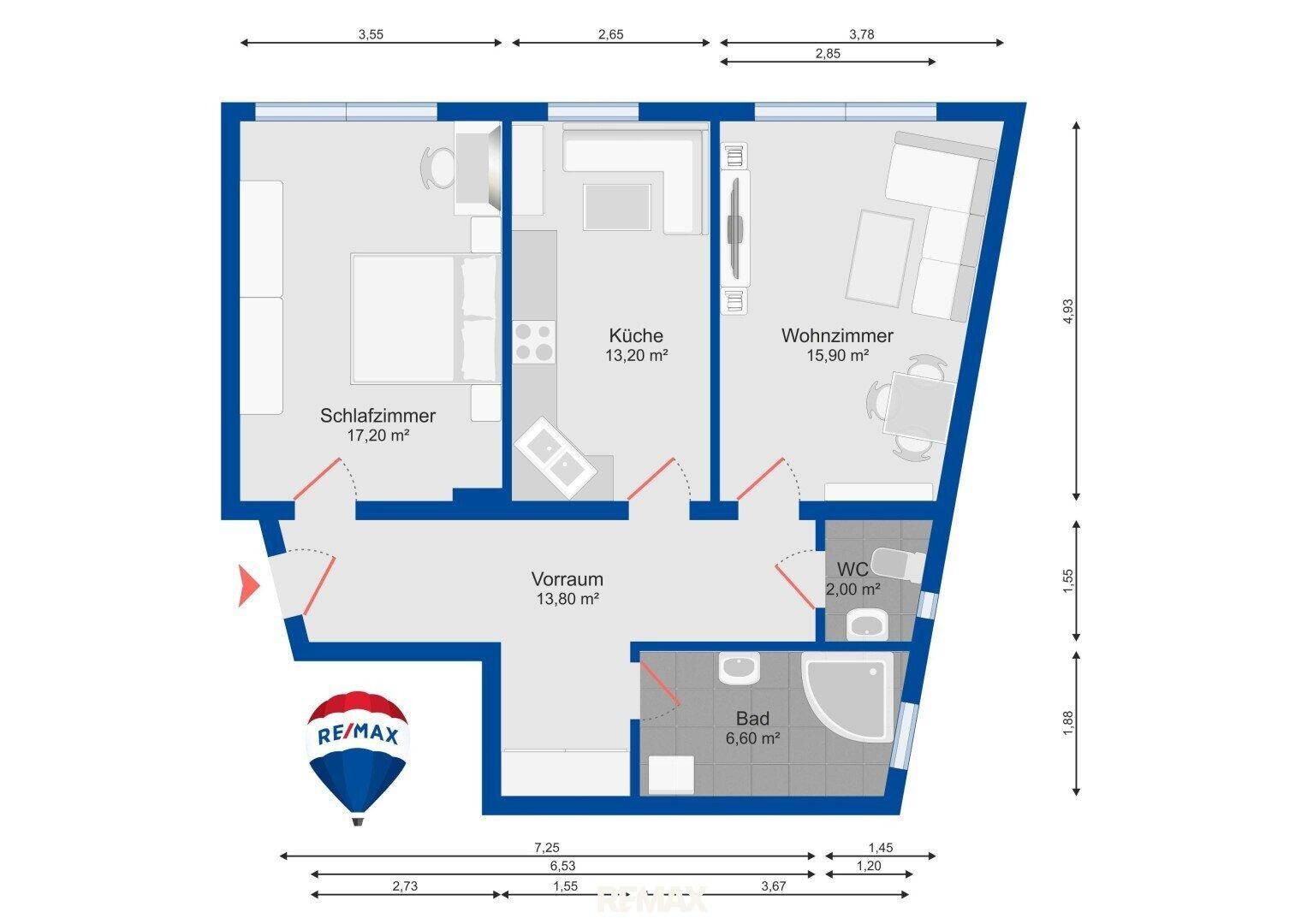 Grundriss einer Wohnung mit zwei Schlafzimmern, Küche, Wohnzimmer und Bad.