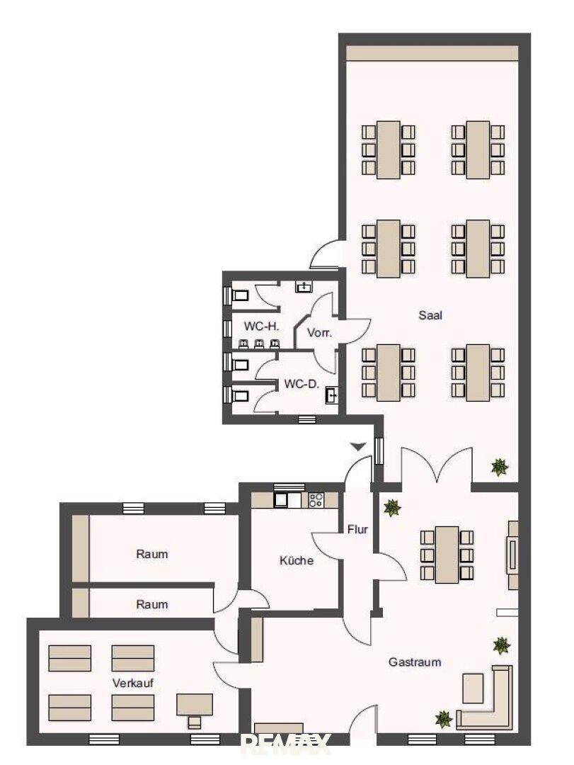 Grundrissplan des Erdgeschosses mit Gastraum, Küche, Saal und mehreren Räumen.