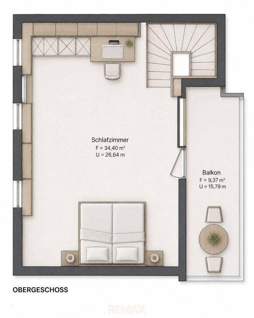 Grundriss des Obergeschosses mit großem Schlafzimmer und Zugang zu einem Balkon.