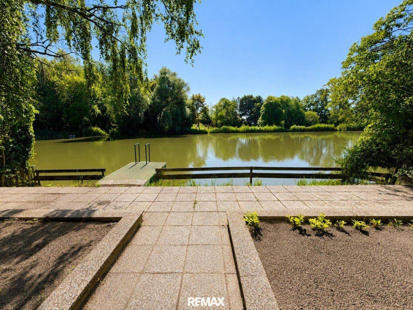 Malerischer Blick auf den See mit einem kleinen Steg, umgeben von üppiger grüner Vegetation.