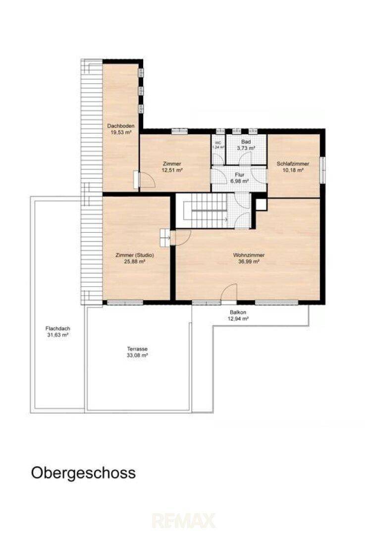 Grundriss des Obergeschosses mit Wohnzimmer, Schlafzimmer, Bad, Balkon und großer Terrasse.