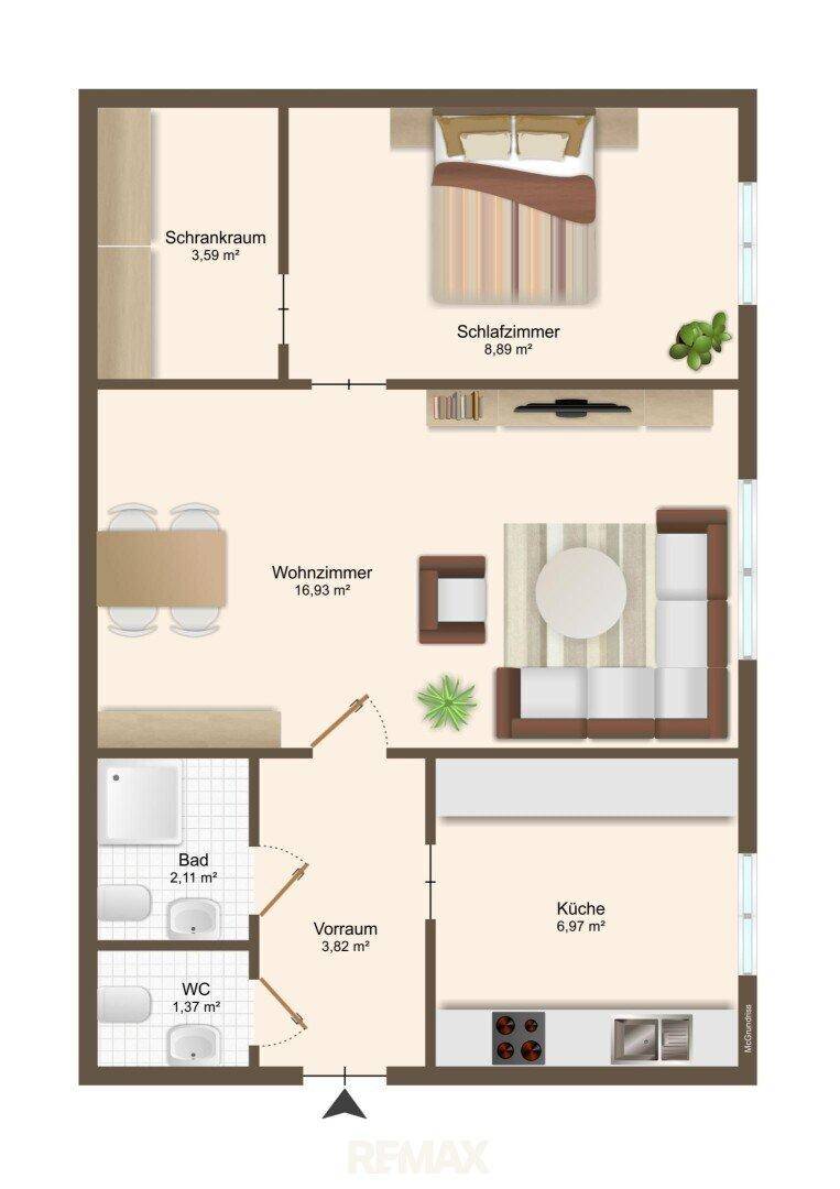 Möblierter Grundriss der Wohnung mit Schlafzimmer, Wohnzimmer, Küche, Bad und WC.