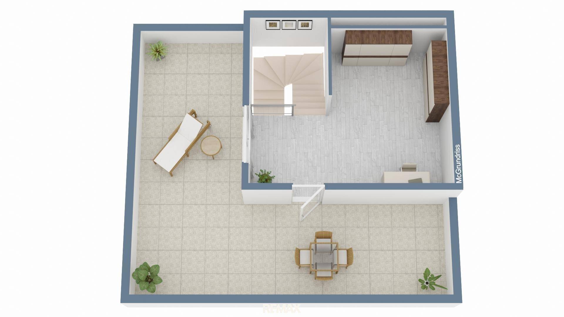 3D-Grundriss des Obergeschosses mit Büro, Treppenhaus und großer möblierter Dachterrasse.
