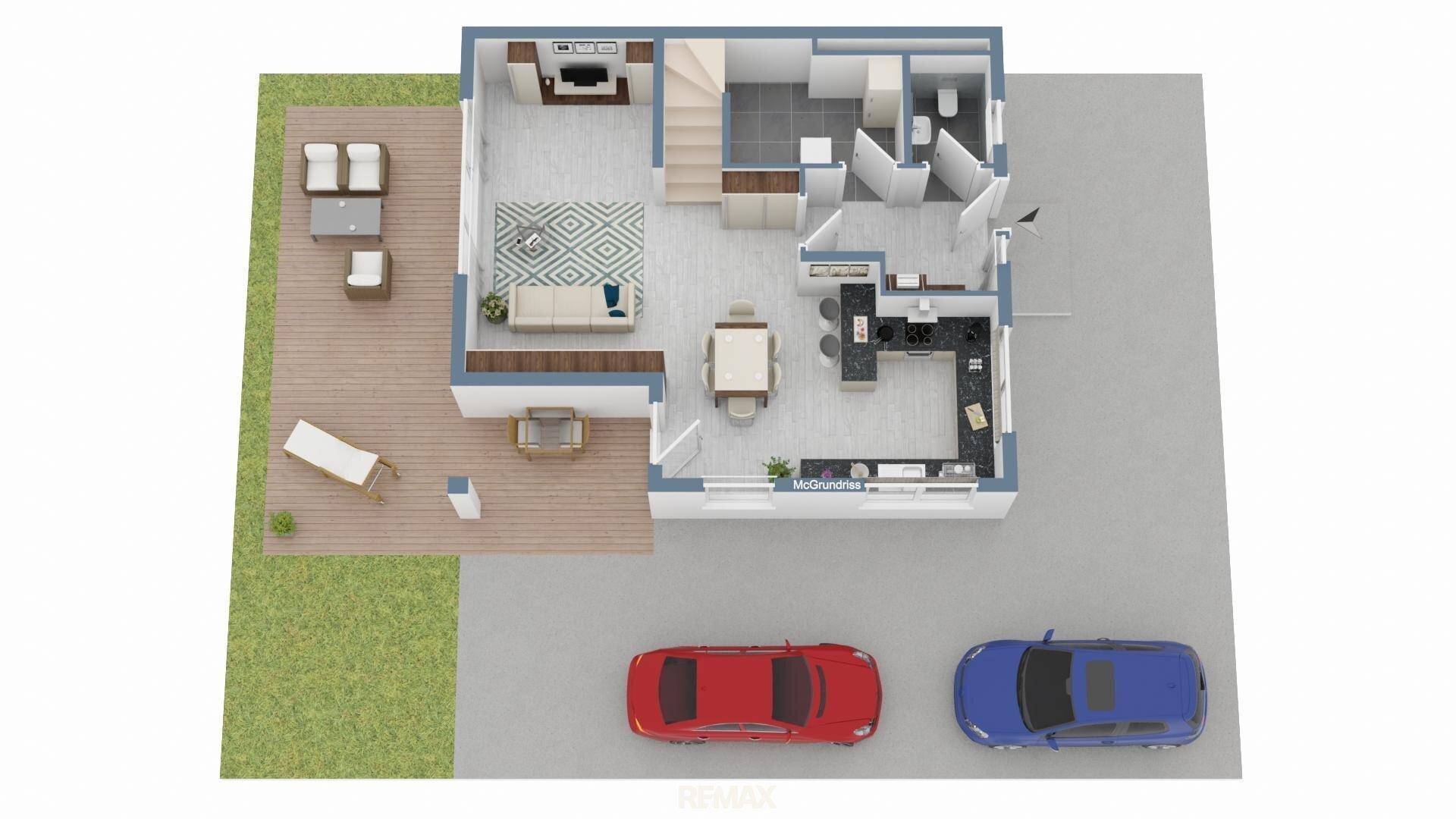 3D-Grundriss des Erdgeschosses mit offenem Wohnbereich, Küche, Bad und Außenterrasse.