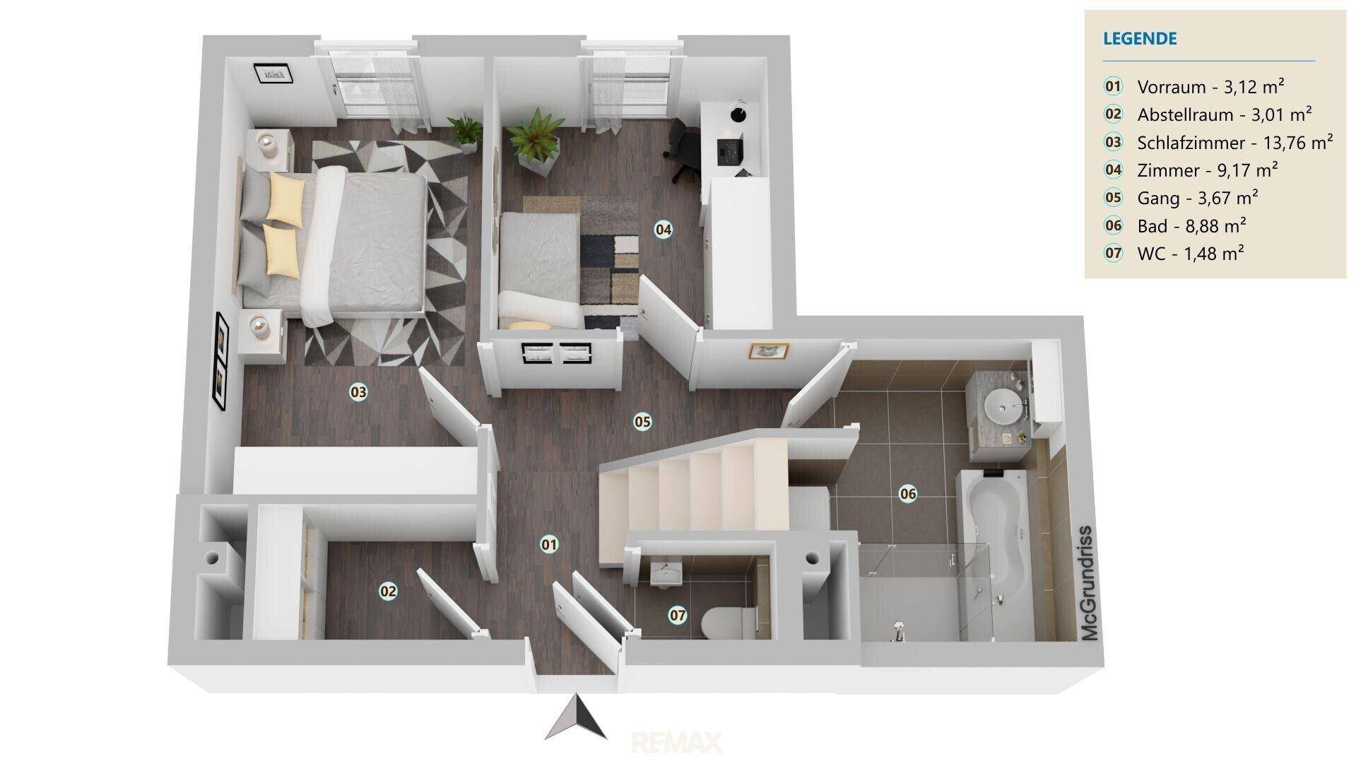 Visualisierter Grundriss des 4. Obergeschosses mit möblierten Räumen und Legende.