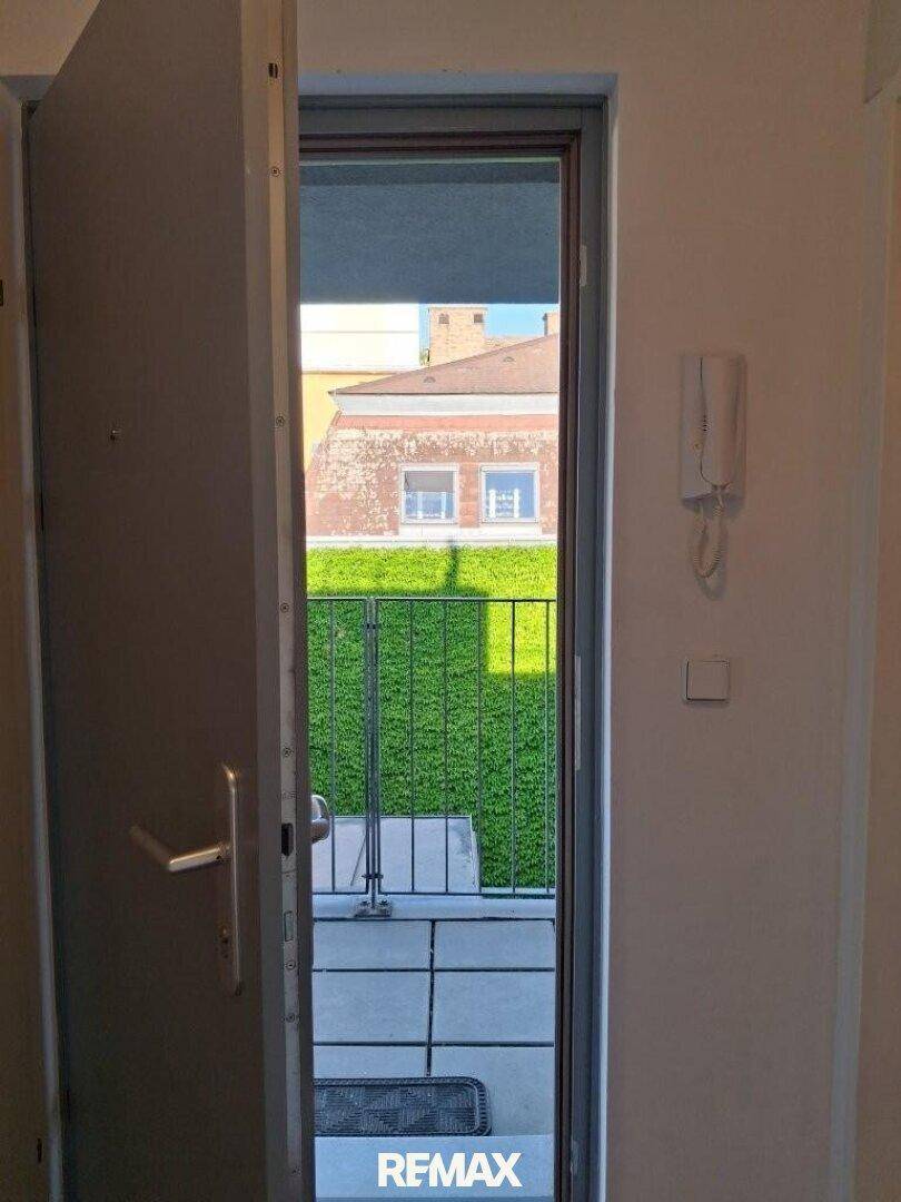 Blick durch die offene Tür vom Flur auf einen begrünten Außenbereich mit Terrasse.