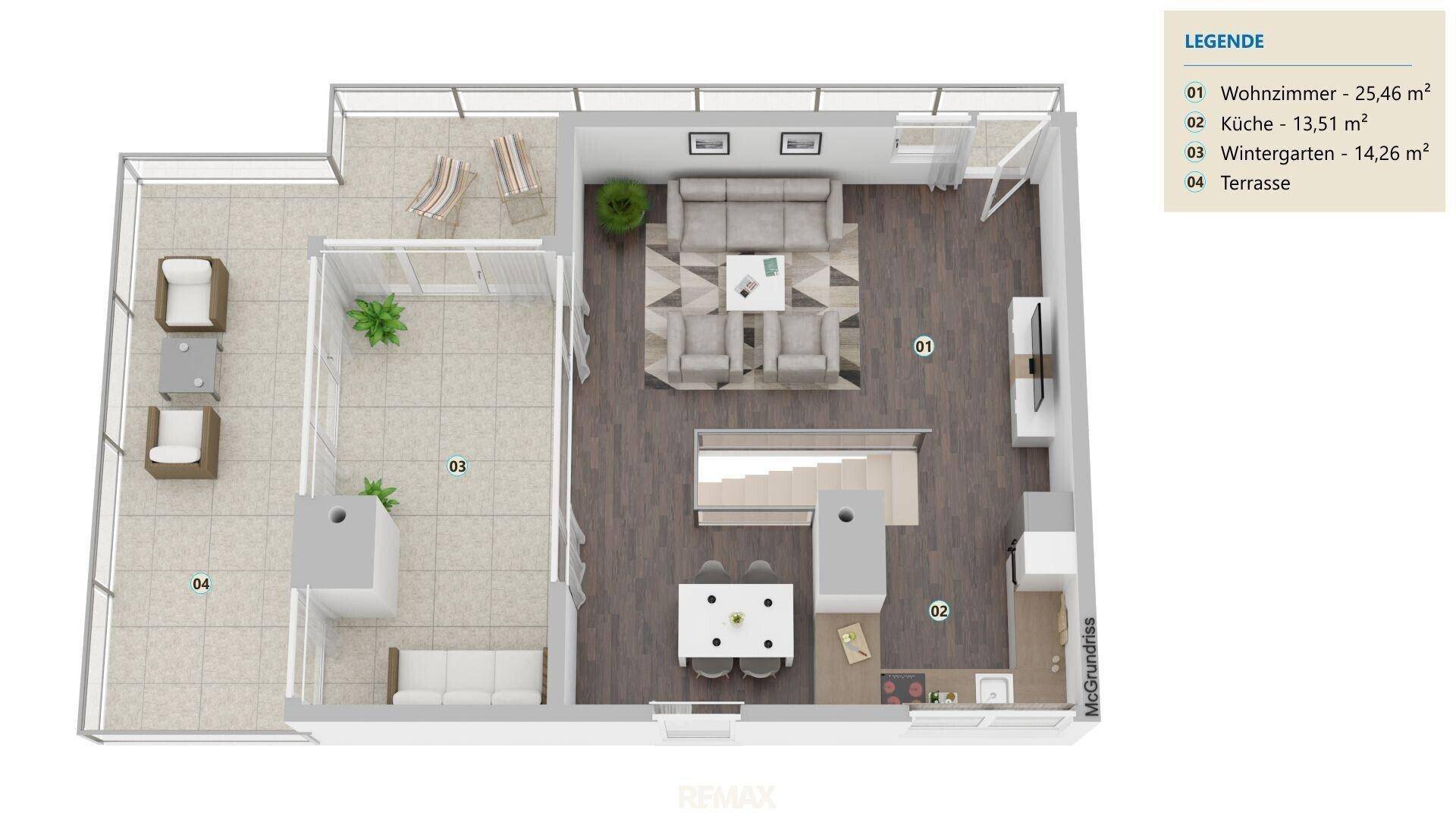 Visualisierter Grundriss des 5. Obergeschosses mit Wohnbereich, Küche und Wintergarten.