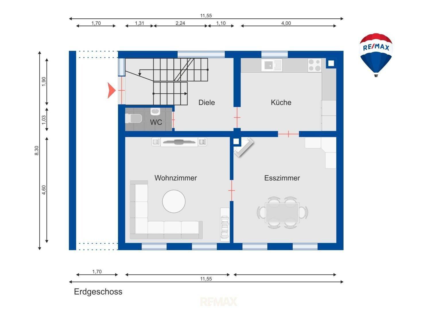 Grundriss des Erdgeschosses mit separater Küche, Wohnzimmer, Esszimmer und Gäste-WC.