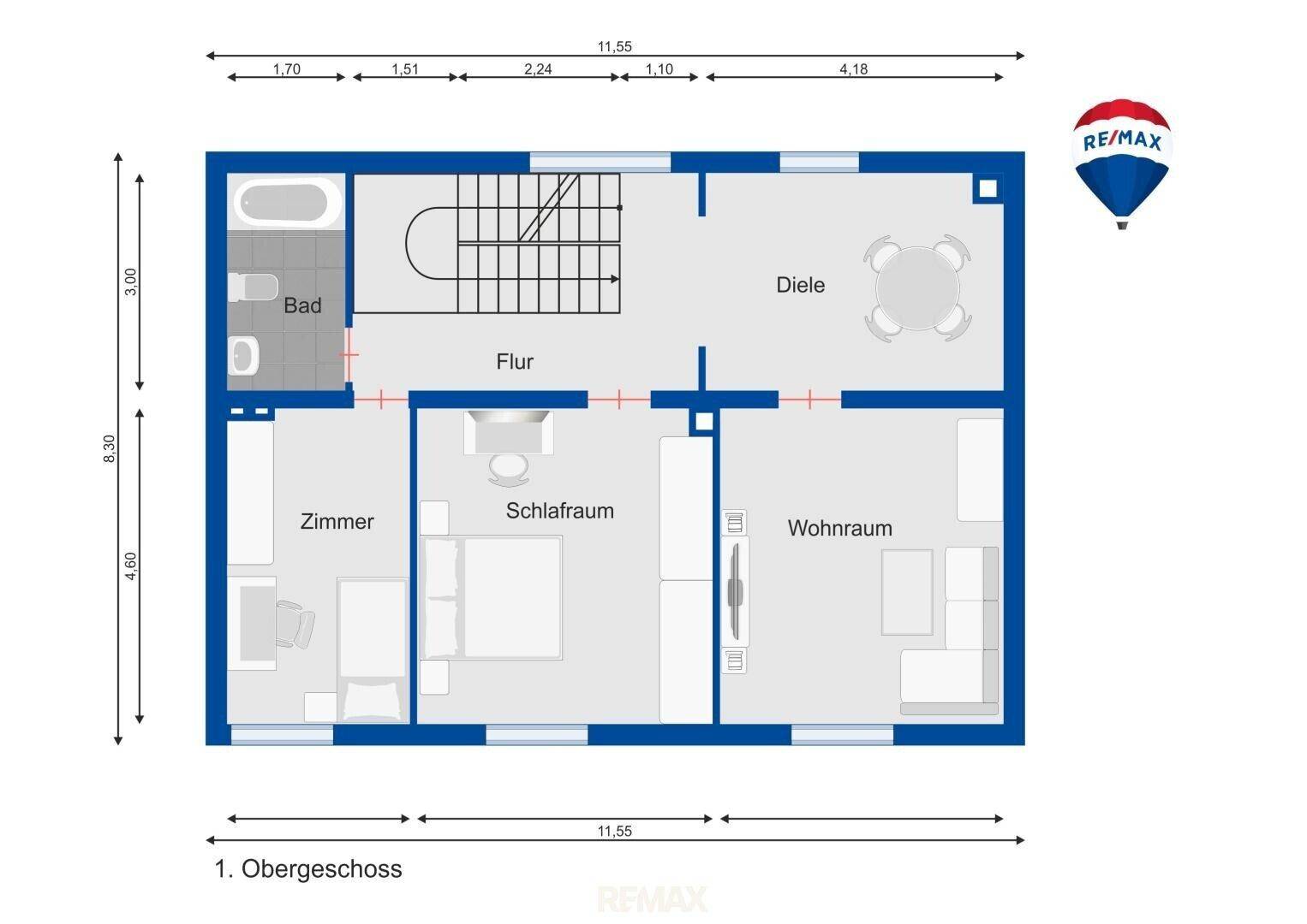 Grundriss des ersten Obergeschosses mit Schlafzimmer, weiterem Zimmer, Bad und offenem Wohnraum.