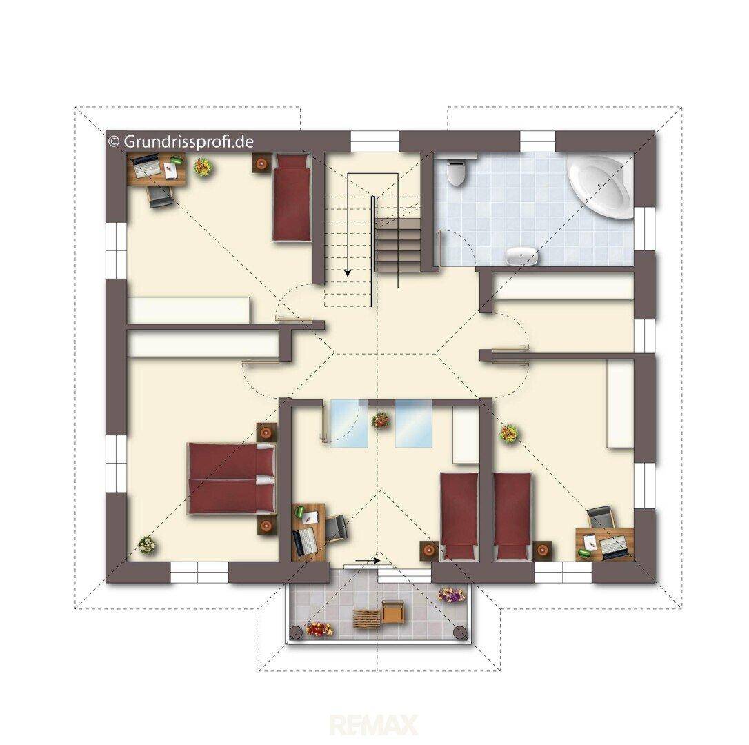 Grundriss eines Obergeschosses mit drei Schlafzimmern, einem Badezimmer und einem Balkon.
