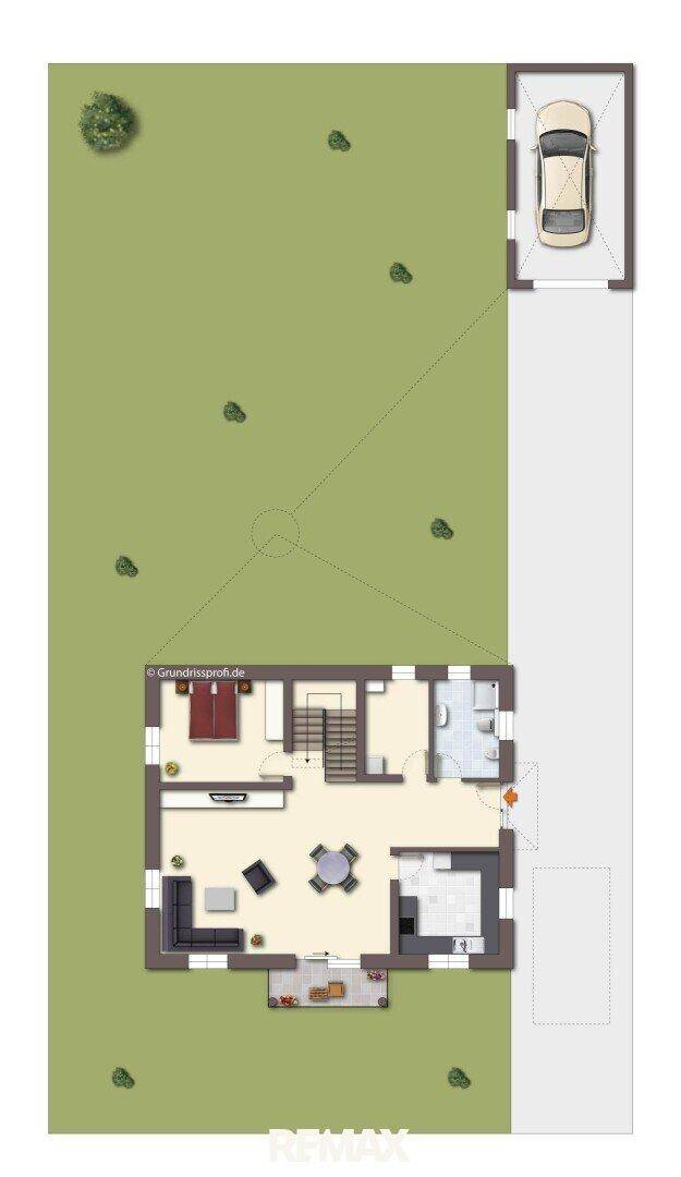 Grundriss des Erdgeschosses mit Wohnbereich, Küche, Bad und Garage.