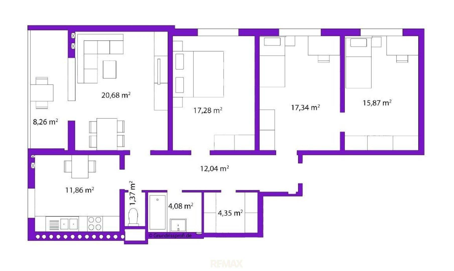 Übersichtlicher Grundriss der Wohnung mit Raumaufteilung und Flächenangaben.