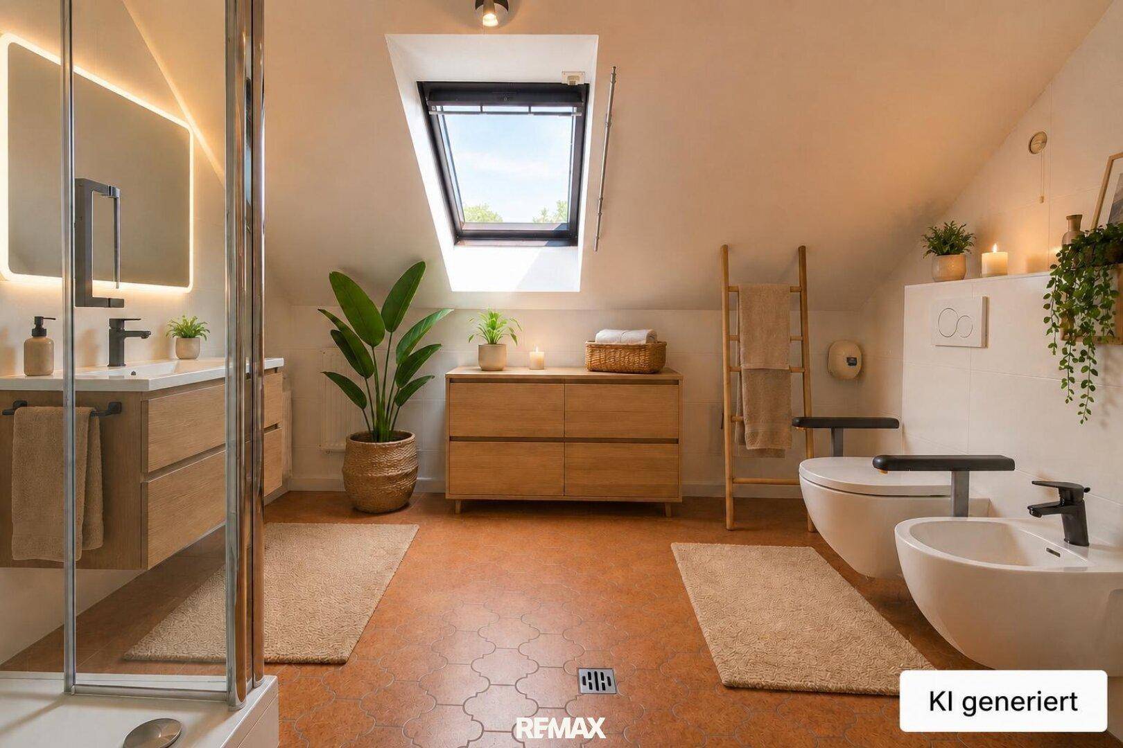 KI-generiertes Badezimmer im Dachgeschoss mit Dusche, Toilette, Bidet und einem hellen Dachfenster.