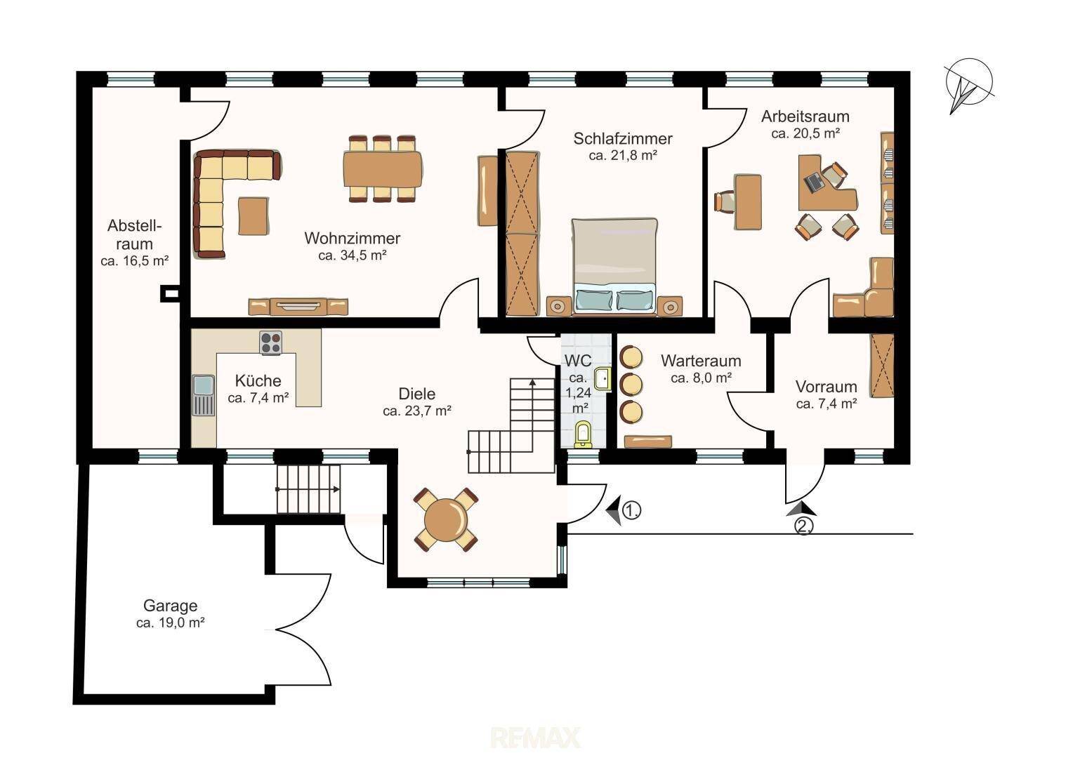 Grundriss des Erdgeschosses mit Wohnzimmer, Küche, Schlafzimmer und Garage.