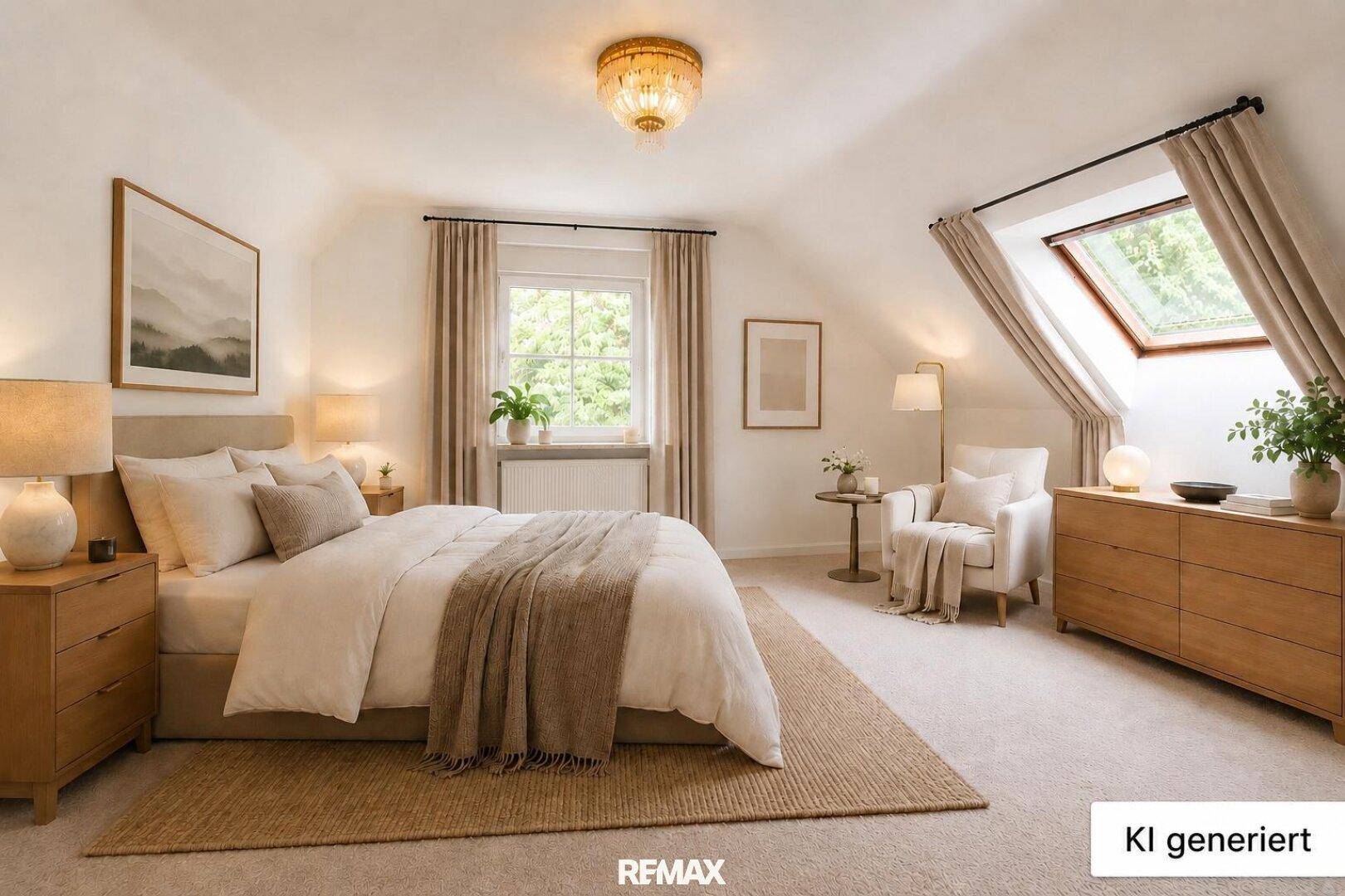 KI-generiertes Schlafzimmer im Dachgeschoss mit Doppelbett, Möbeln und einem Dachfenster.