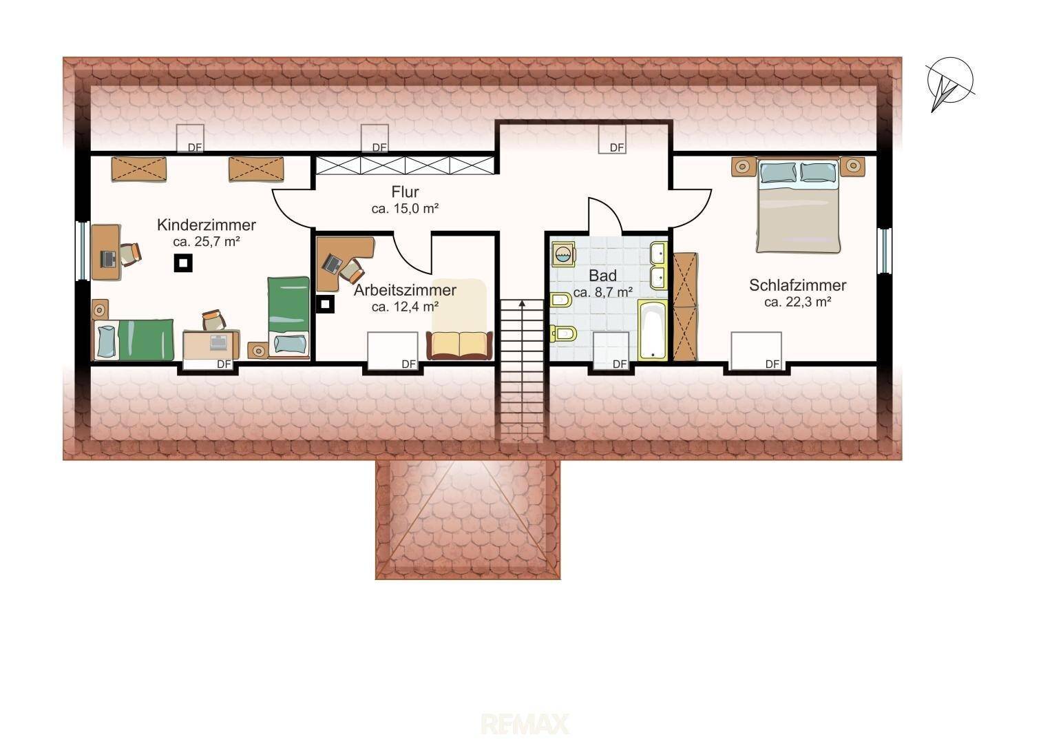 Grundriss des Obergeschosses mit Kinderzimmer, Arbeitszimmer, Bad und Schlafzimmer.