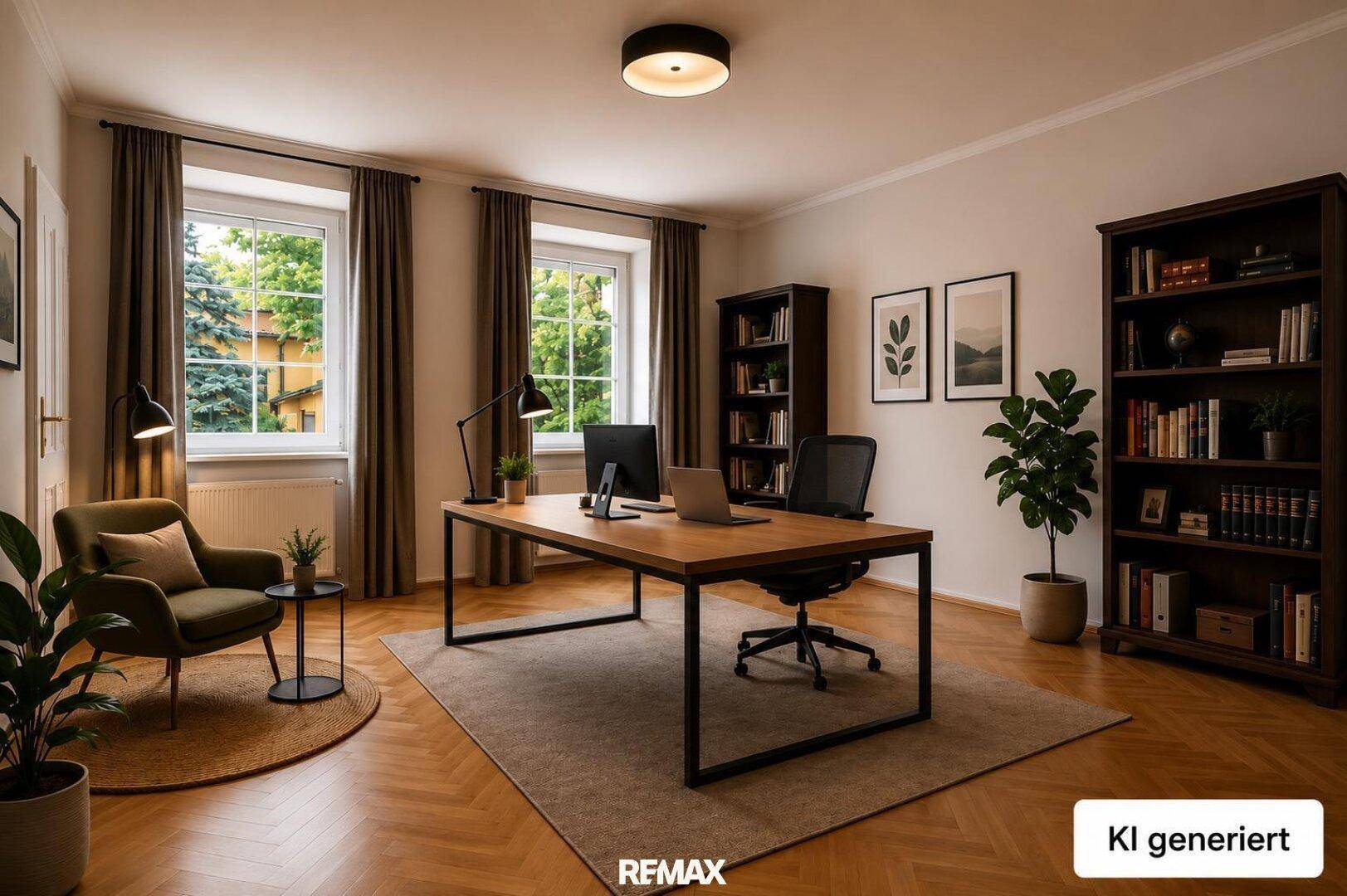 KI-generiertes Arbeitszimmer mit großem Schreibtisch, Bürostühlen und zwei Fenstern mit Blick ins Grüne.