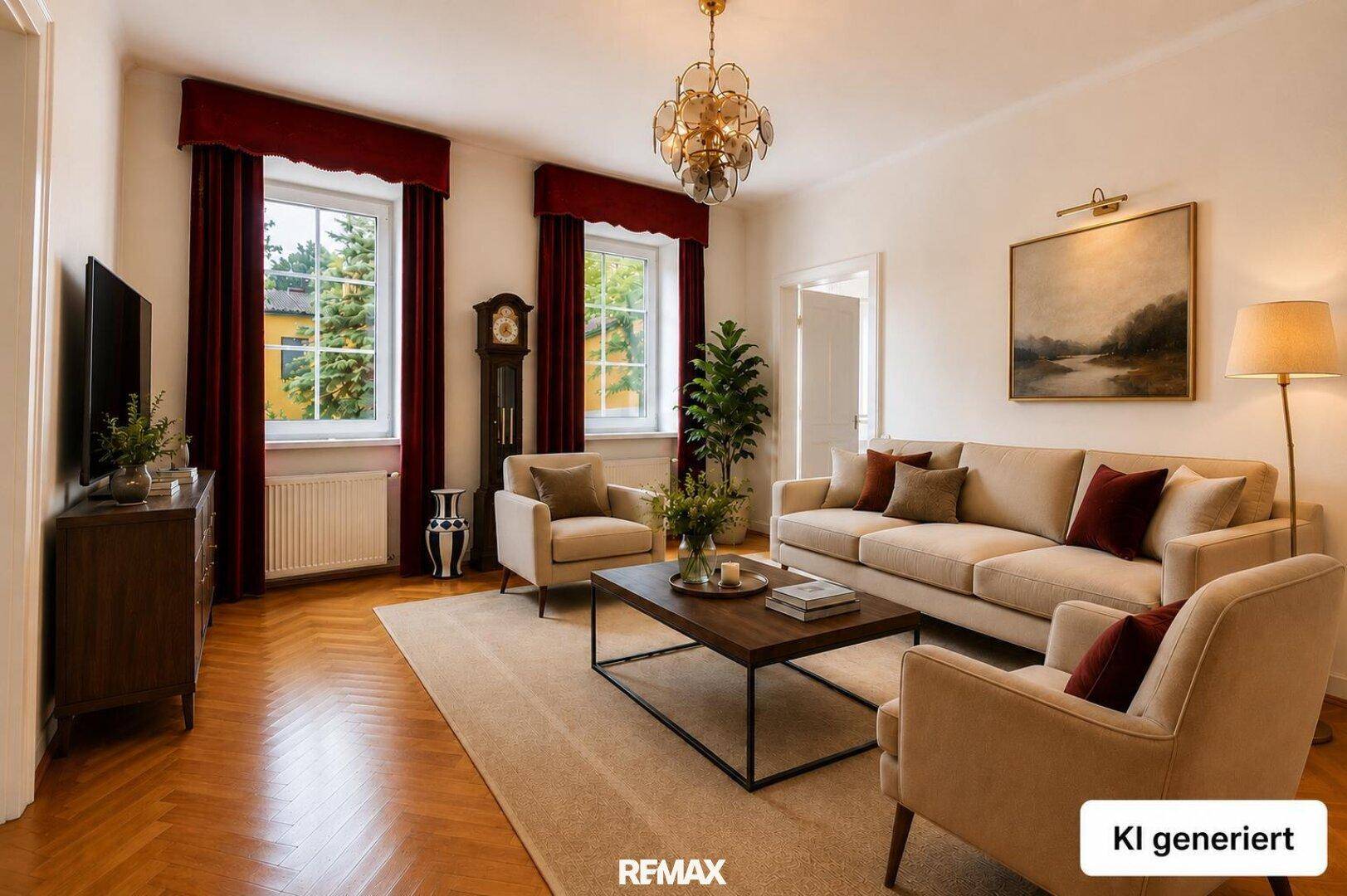 KI-generiertes Wohnzimmer mit beigem Sofa, Sesseln, Couchtisch und Fischgrätparkettboden.