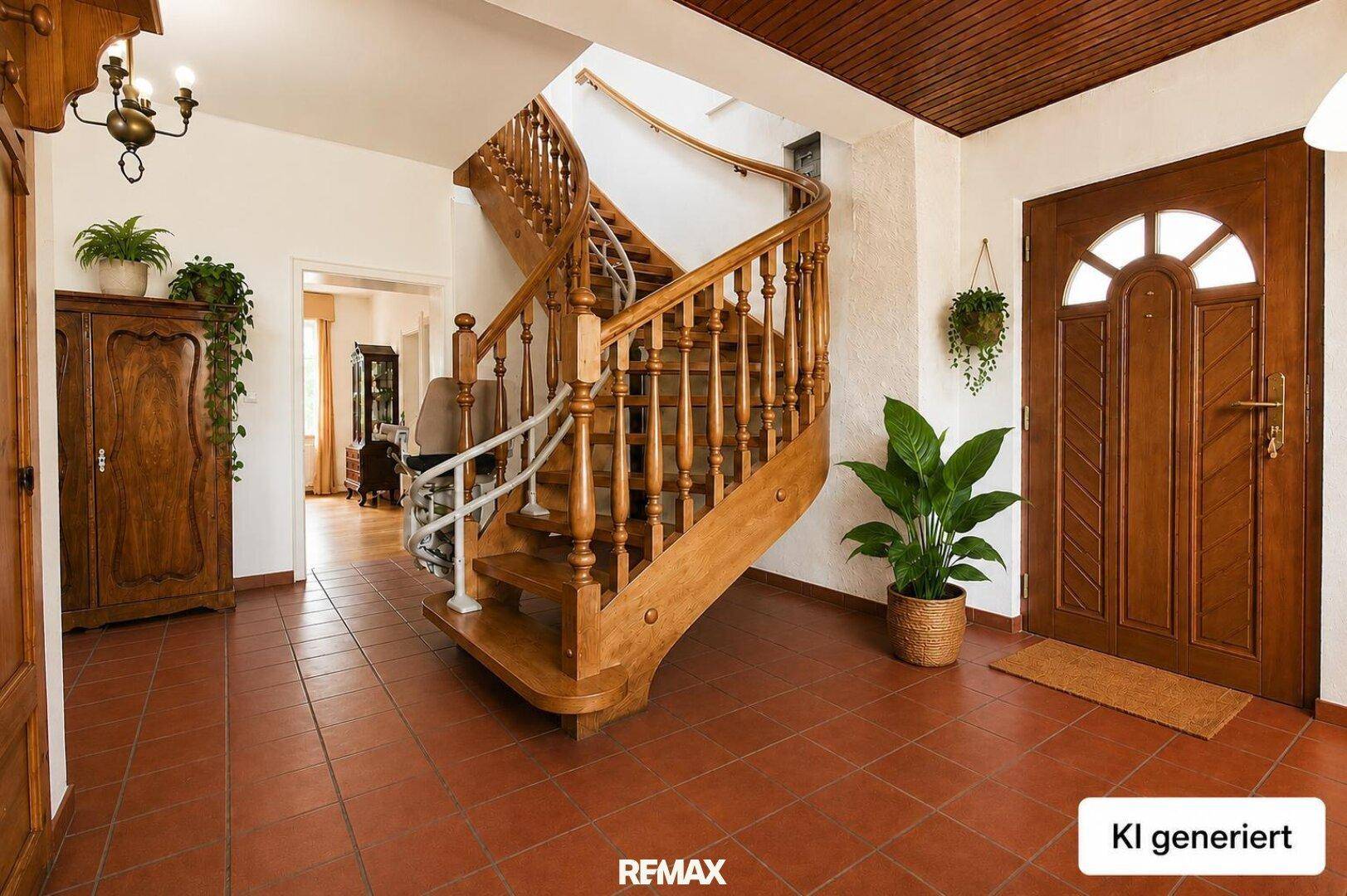 KI-generierter Flur mit eleganter Holztreppe, Terrakottafliesen und einer verzierten Holzeingangstür.