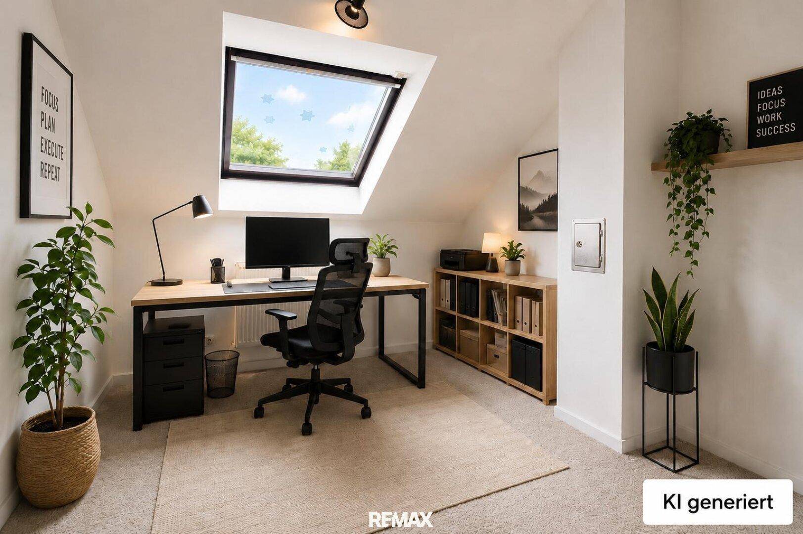 KI-generiertes Arbeitszimmer im Dachgeschoss mit Schreibtisch, Bürostuhl und einem großen Dachfenster.