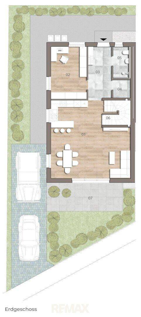 Grundriss des Erdgeschosses mit offenem Wohnbereich, Küche, Gäste-WC und Außenstellplätzen.