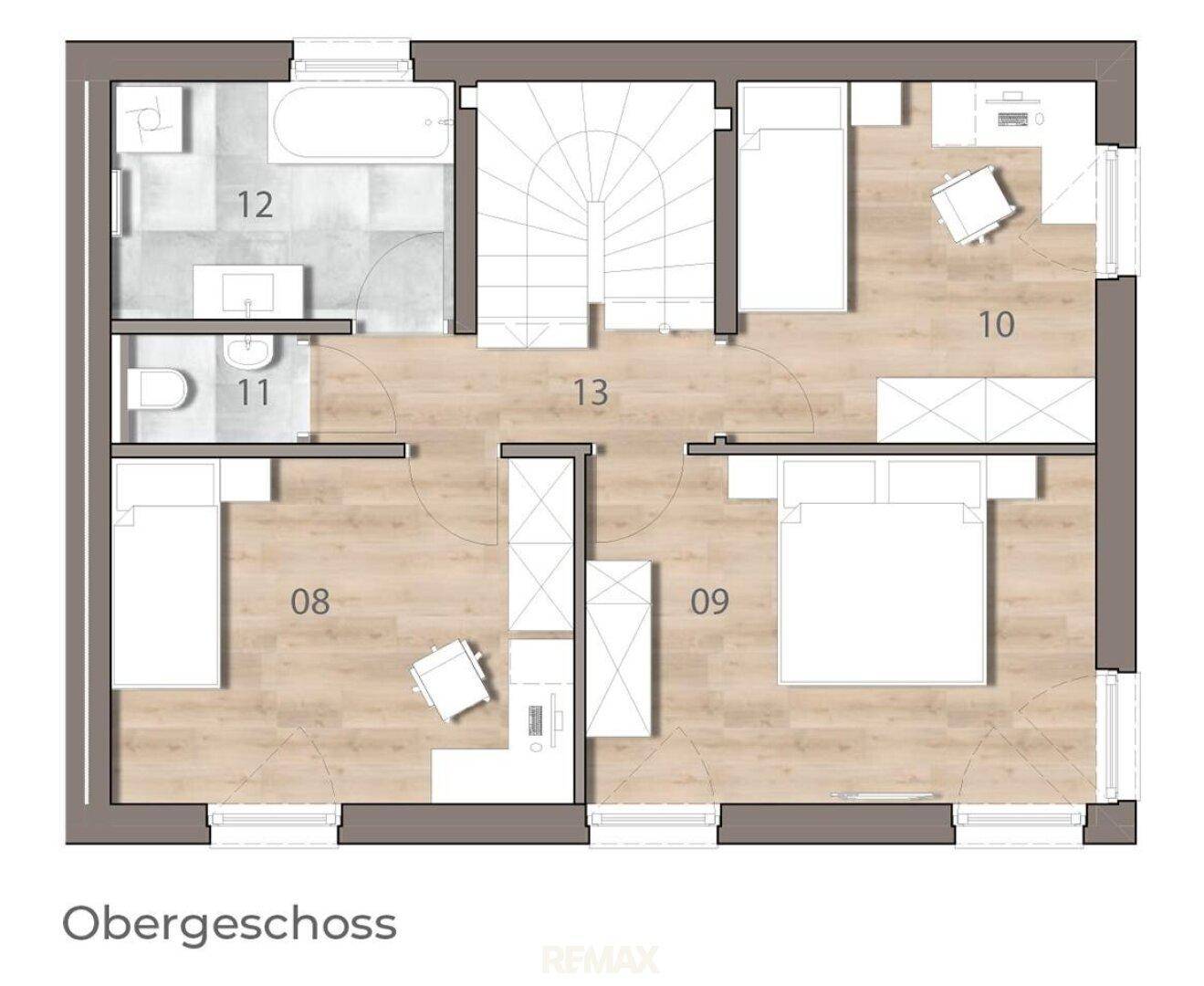 Grundriss des Obergeschosses mit drei Schlafzimmern und zwei Badezimmern, eines davon mit Badewanne.