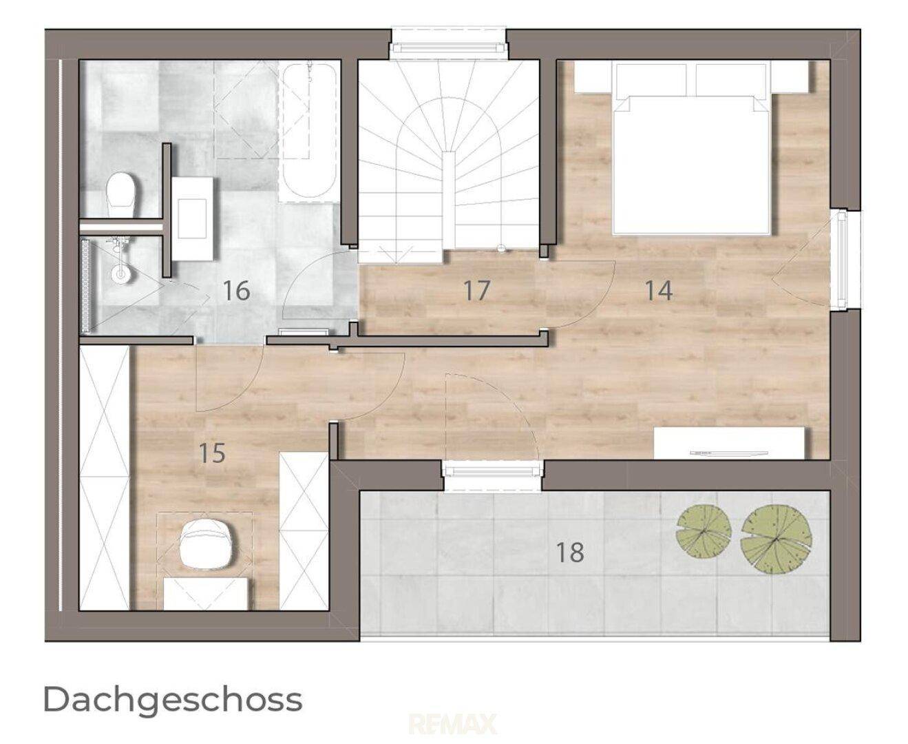 Grundriss des Dachgeschosses mit Schlafzimmer, Badezimmer und einer großzügigen Dachterrasse.