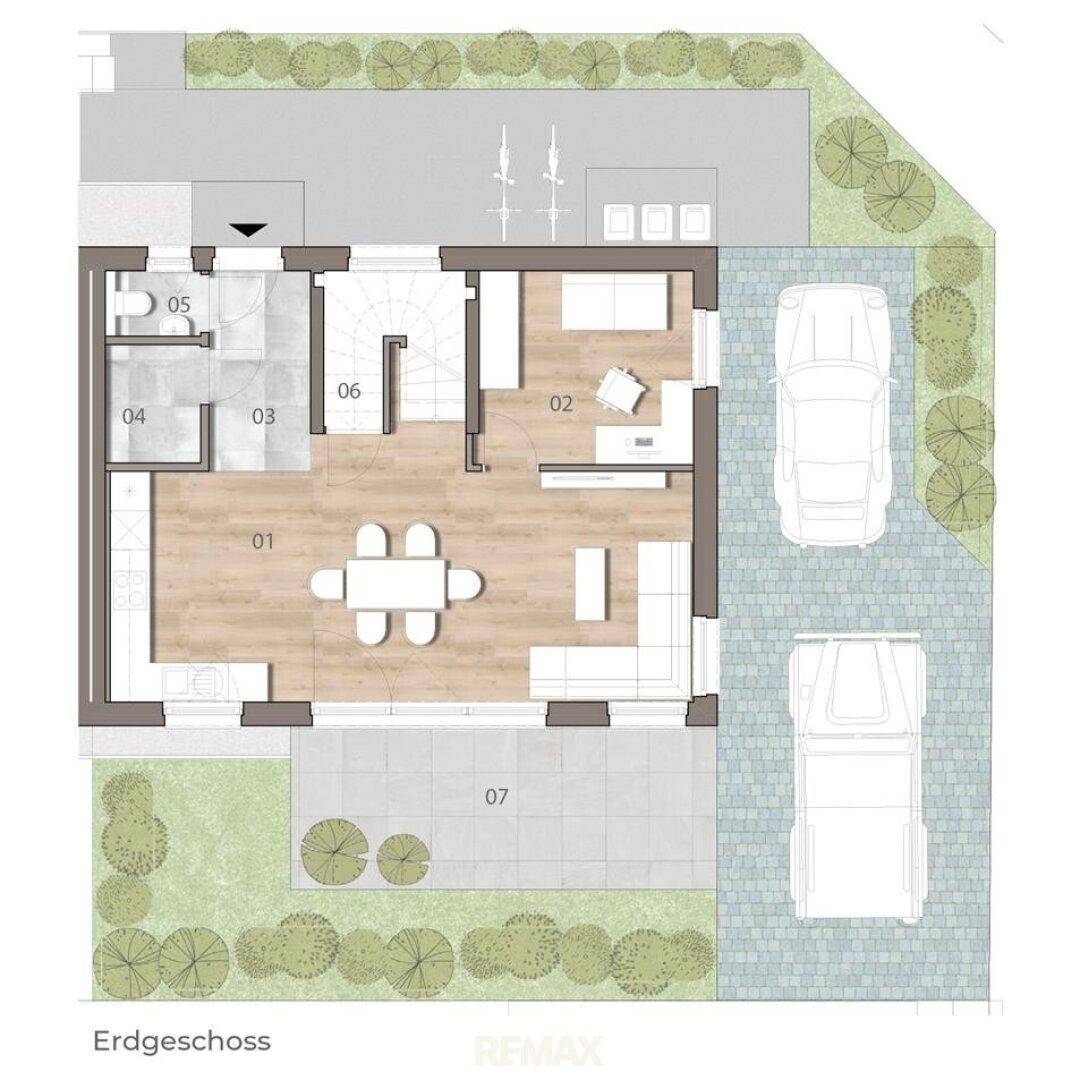 Grundriss des Erdgeschosses mit offenem Wohn-Essbereich, Küche und Zugang zur Terrasse und Garten.