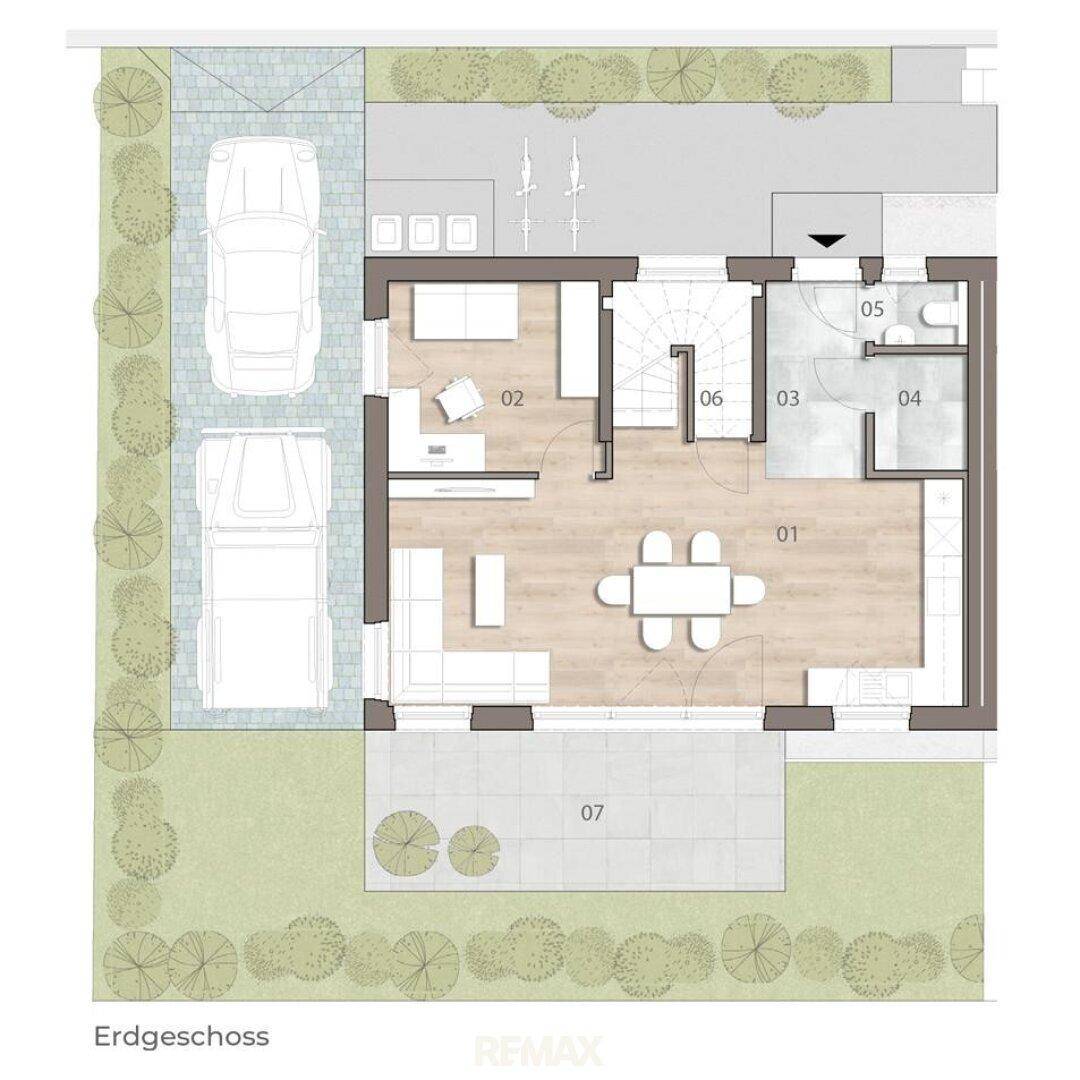 Grundriss des Erdgeschosses mit offenem Wohn-Essbereich, Küche und Terrasse.