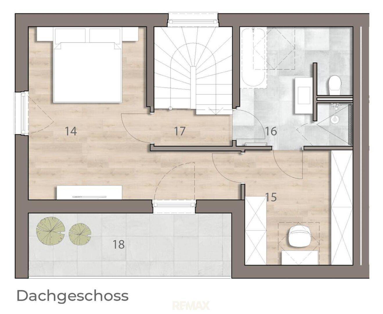 Grundriss des Dachgeschosses mit Schlafzimmer, Bad und großer Dachterrasse.