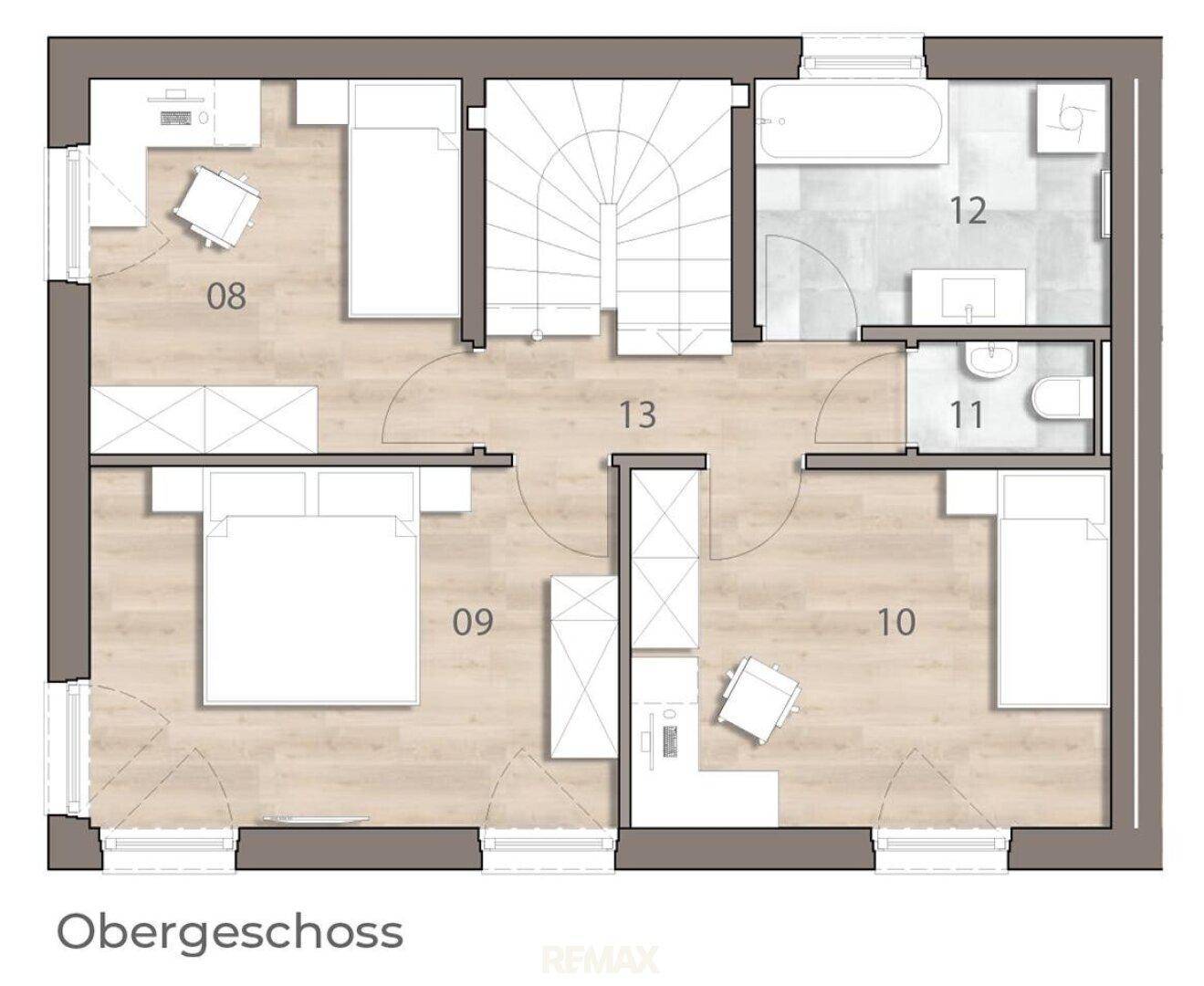 Grundriss des Obergeschosses mit drei Schlafzimmern, Bad und separatem WC.