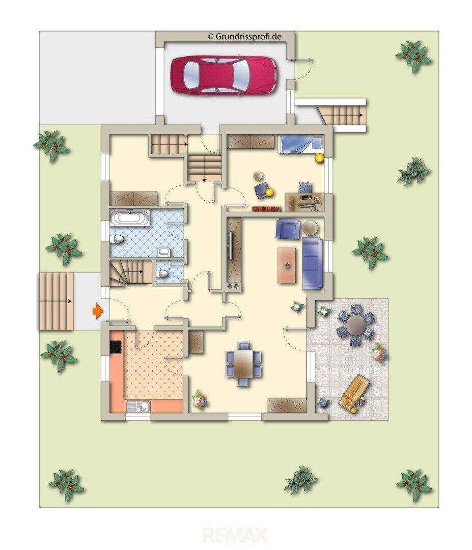 Grundriss des Erdgeschosses mit Wohnbereich, Küche, Garage und Terrasse.