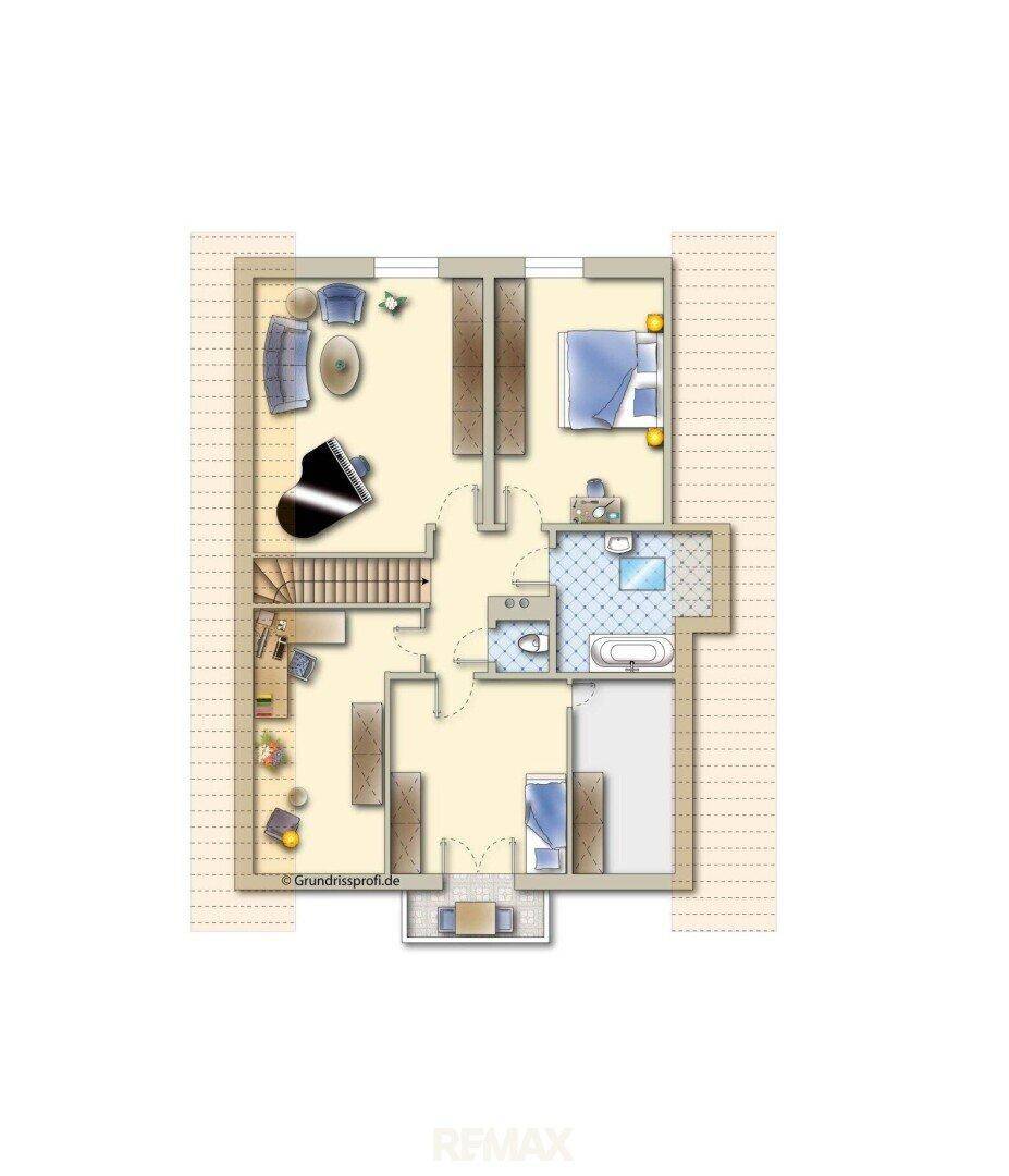 Grundriss des Obergeschosses mit Schlafzimmern, Badezimmer und Balkon.