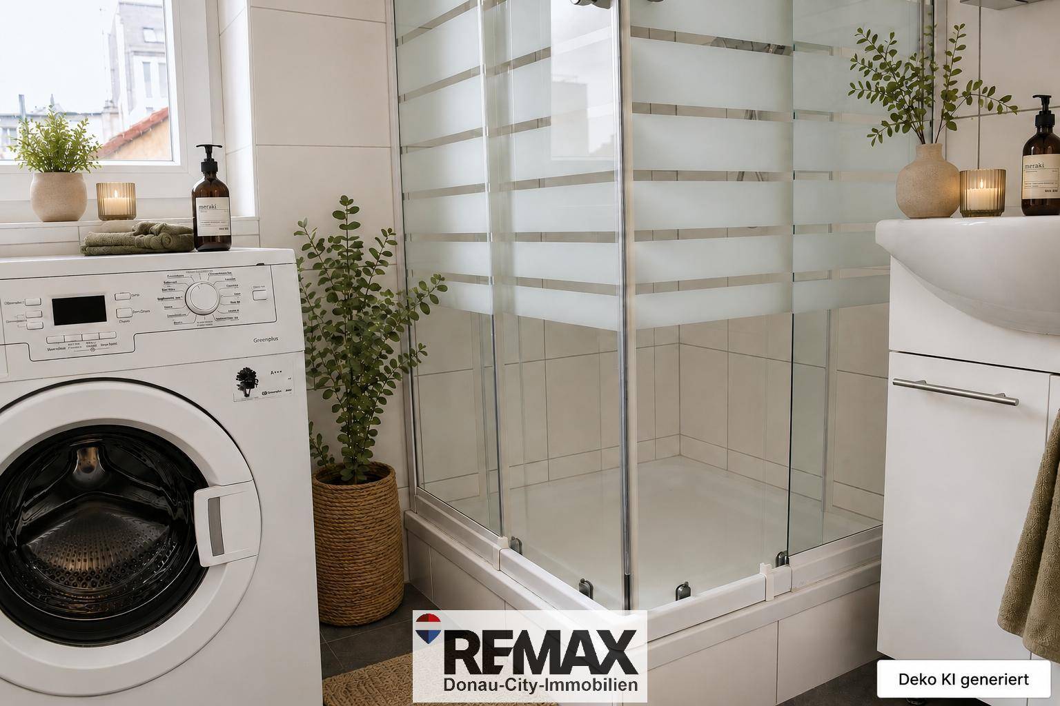 Modernes Badezimmer mit Duschkabine, Waschmaschine und Fenster für Tageslicht und Belüftung.