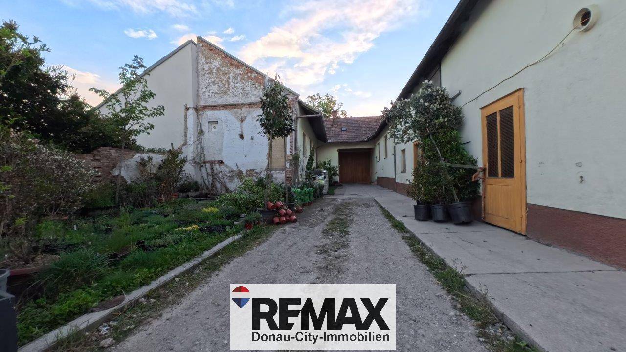 Weitläufiger Außenbereich mit älteren Gebäuden, einem Schotterweg und Gartenbereichen.