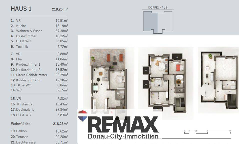 Detaillierter Grundriss eines Doppelhauses mit mehreren Etagen, Raumaufteilung und Flächenangaben.