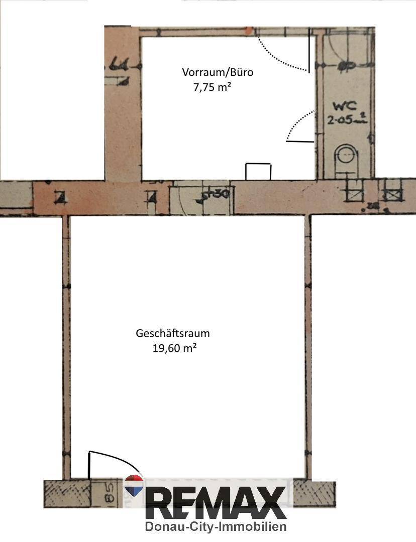Grundrissplan eines Geschäftsraums mit Vorraum/Büro und separatem WC, insgesamt 27,35 m².