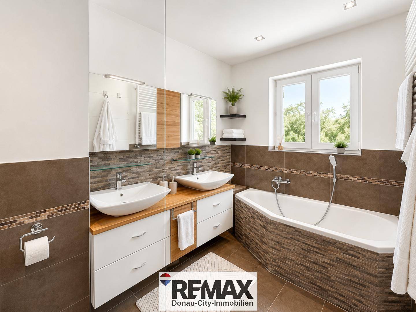 Modernes Badezimmer mit Doppelwaschbecken, Badewanne und Fenster.