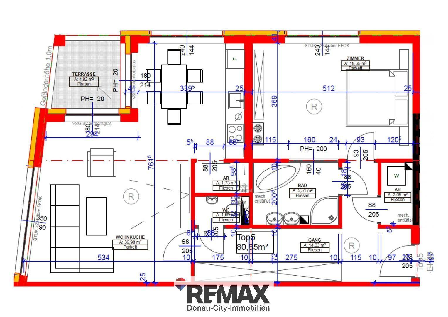 Detaillierter Grundriss einer Wohnung mit Terrasse, Wohnküche und Schlafzimmer.