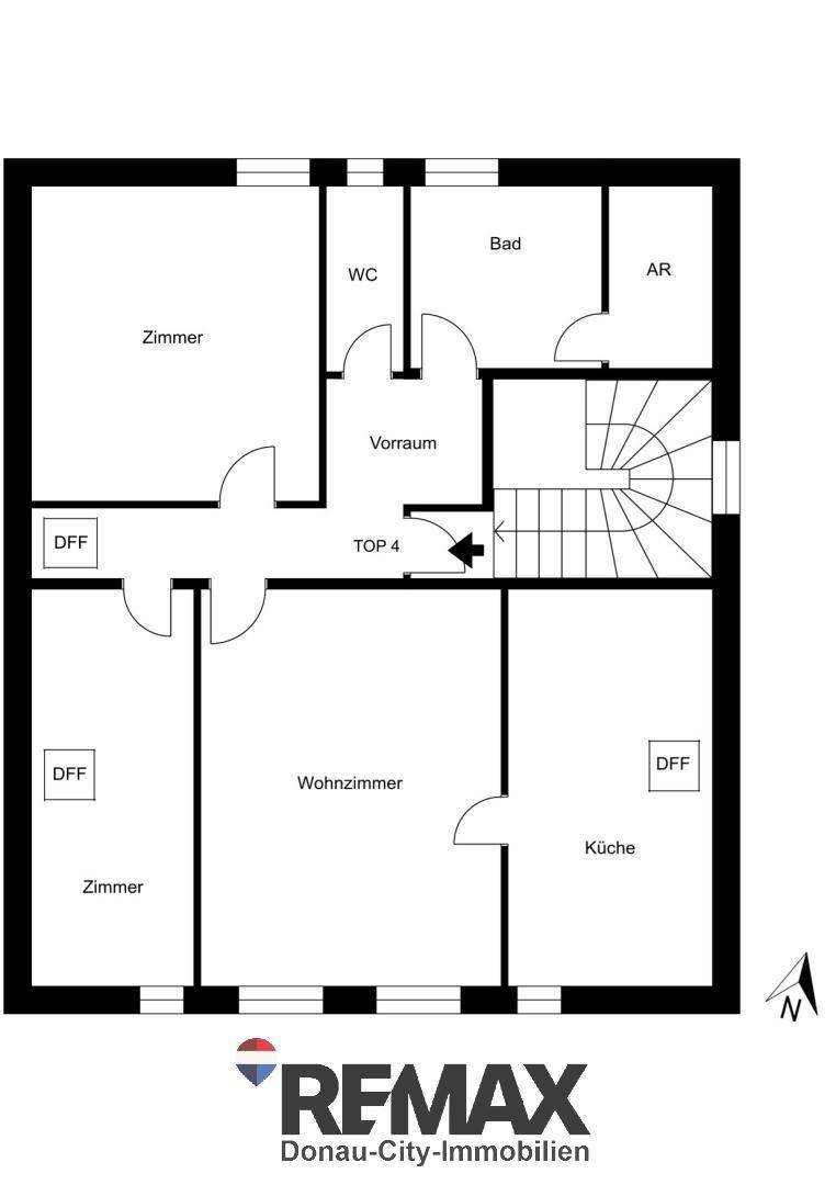 Grundriss des Obergeschosses (TOP 4) mit Wohnzimmer, Küche, Bad, WC und Abstellraum.