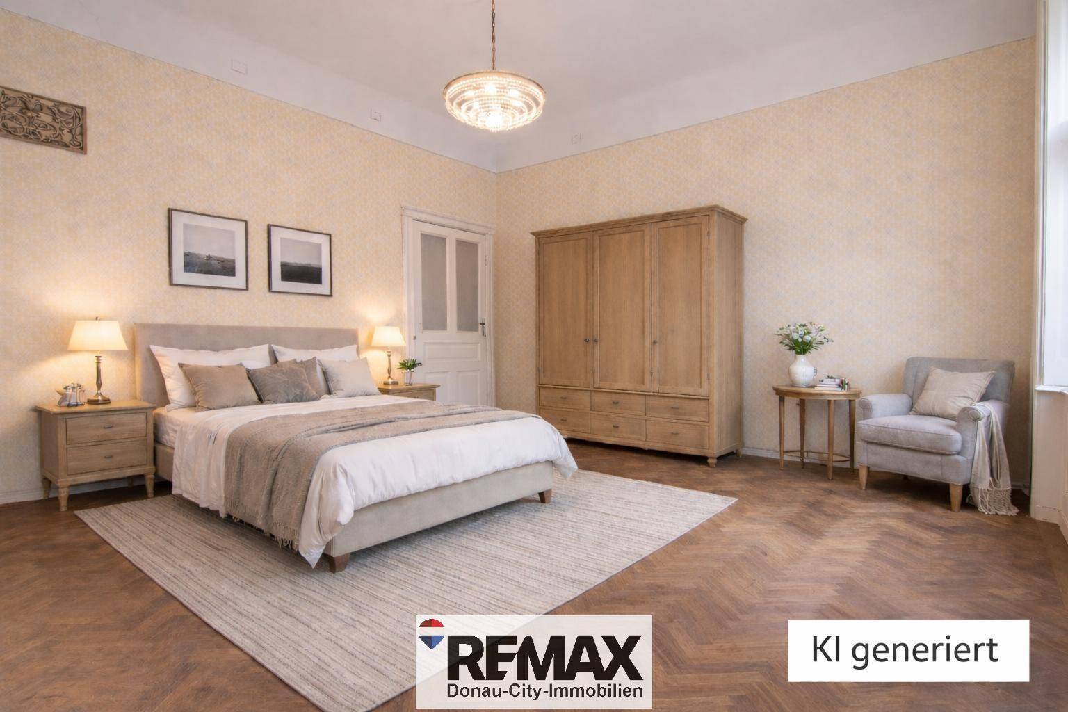 Helles Schlafzimmer mit Doppelbett, Holzschrank und Fischgrätparkett in Altbauwohnung.