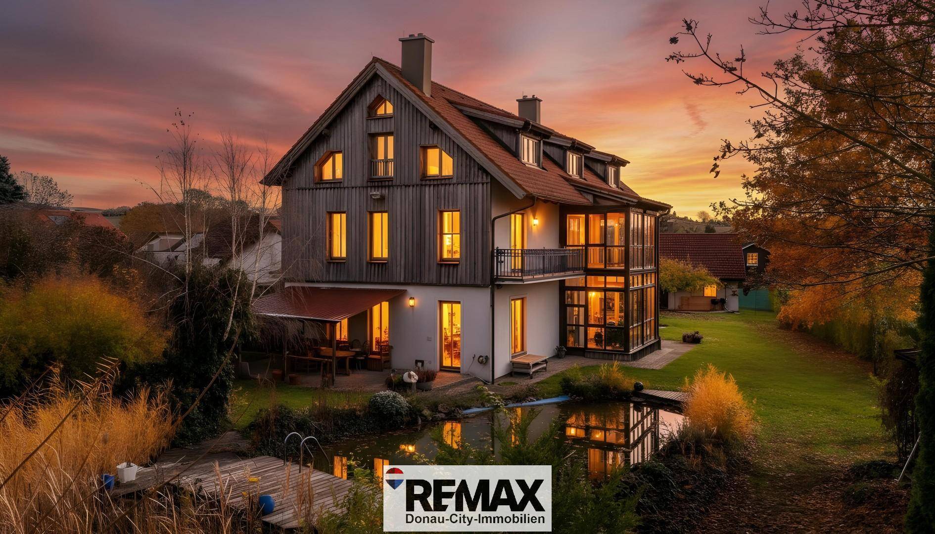 Beeindruckendes Haus bei Sonnenuntergang mit beleuchteten Fenstern und einem Teich im Gartenbereich.