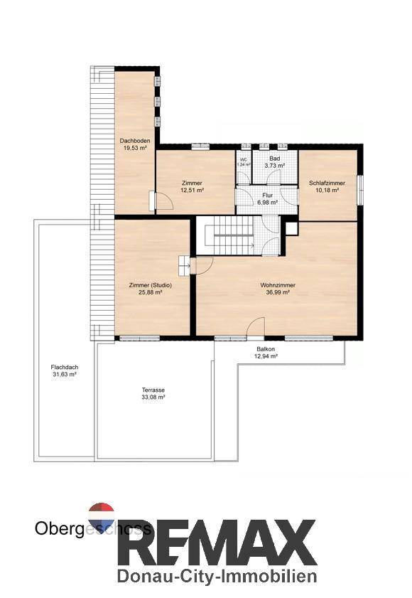 Grundriss des Obergeschosses mit Wohnzimmer, Schlafzimmern, Bad, Balkon und großer Terrasse.