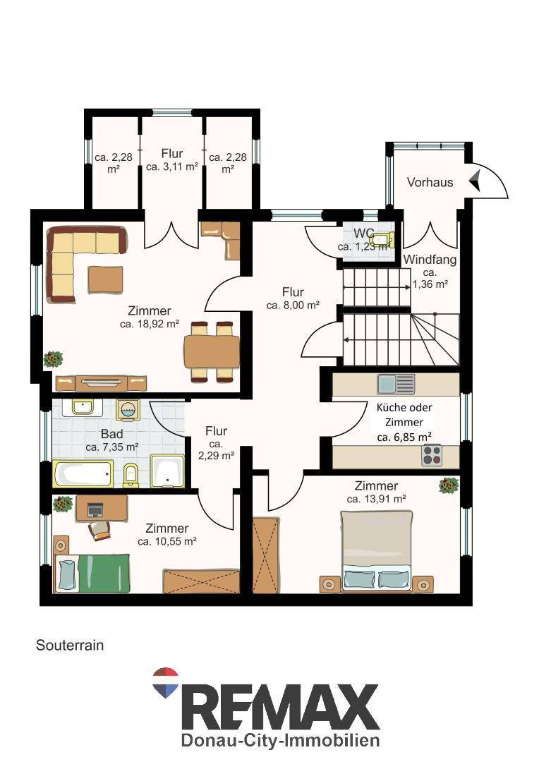 Grundriss des Souterrains mit Wohnzimmer, Bad, Schlafzimmer und WC.