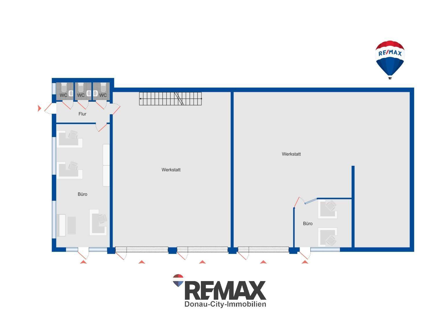 Grundrissplan einer Gewerbefläche mit zwei Werkstattbereichen, Büros und mehreren Toiletten.