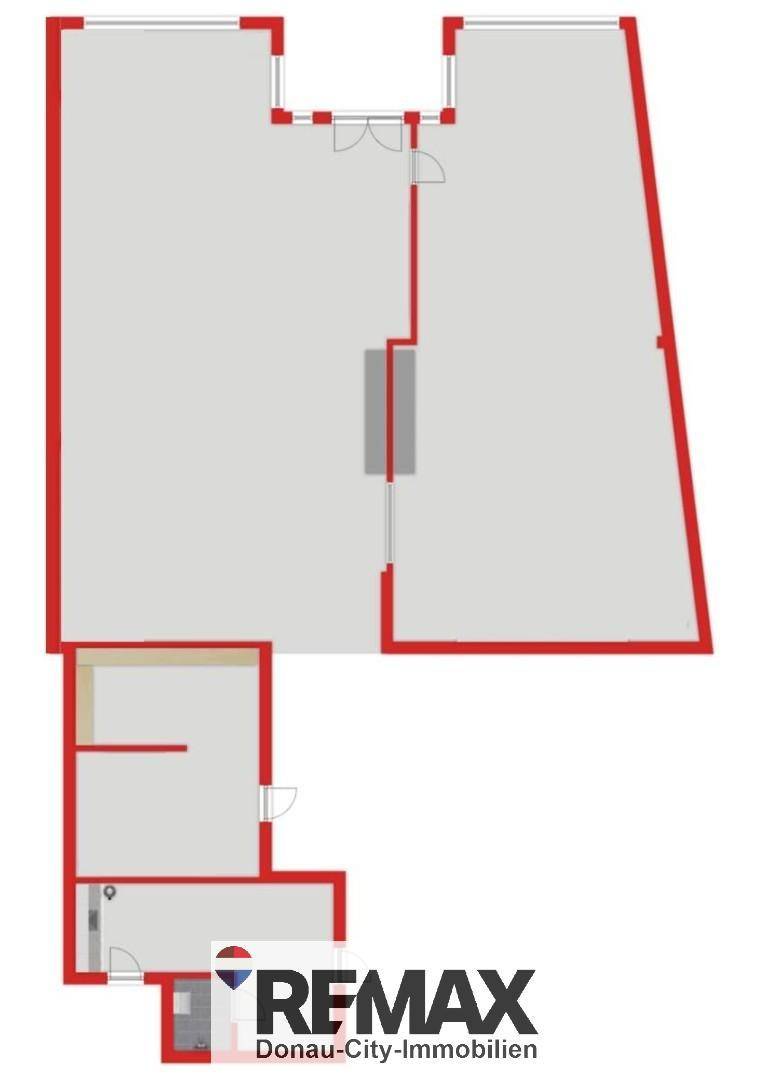 Grundriss des Geschäftsraums mit Hauptfläche, Nebenräumen und Sanitärbereich.