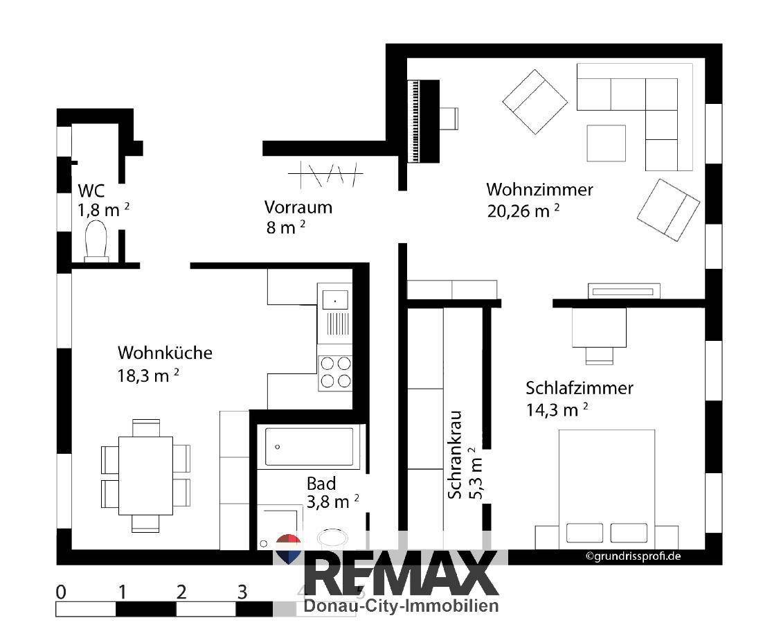Detaillierter Grundriss einer Wohnung mit Wohnküche, Wohnzimmer, Schlafzimmer und separatem WC.