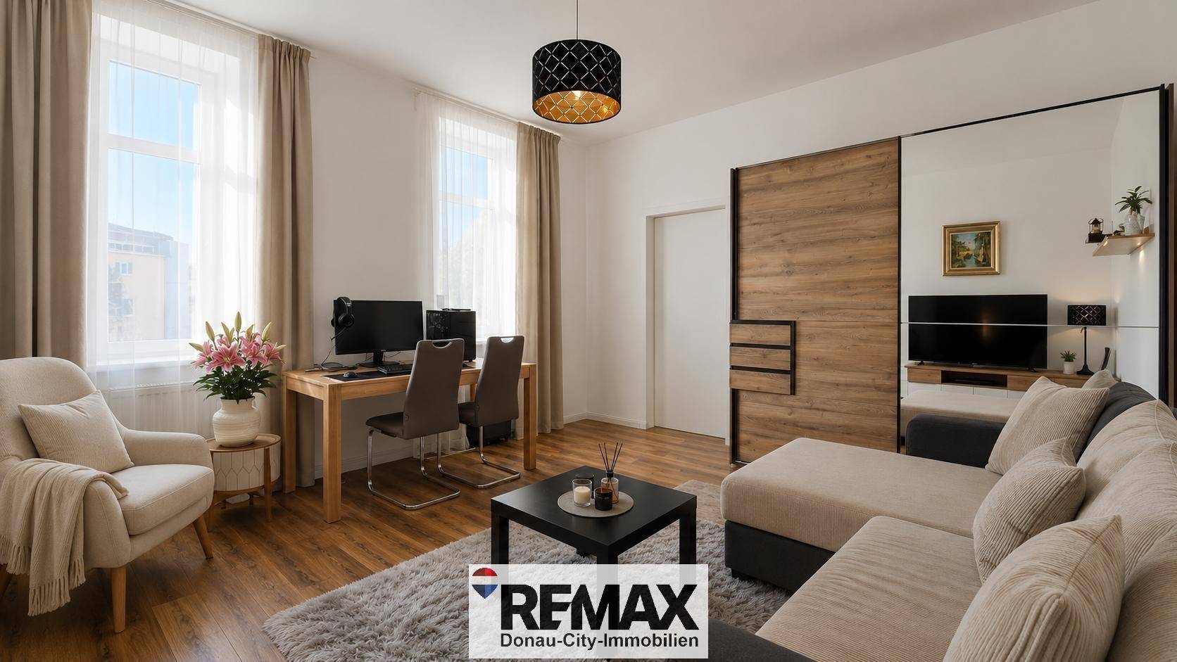 Geräumiges Wohnzimmer mit Holzboden, beigem Sofa und großen Fenstern für viel Tageslicht.