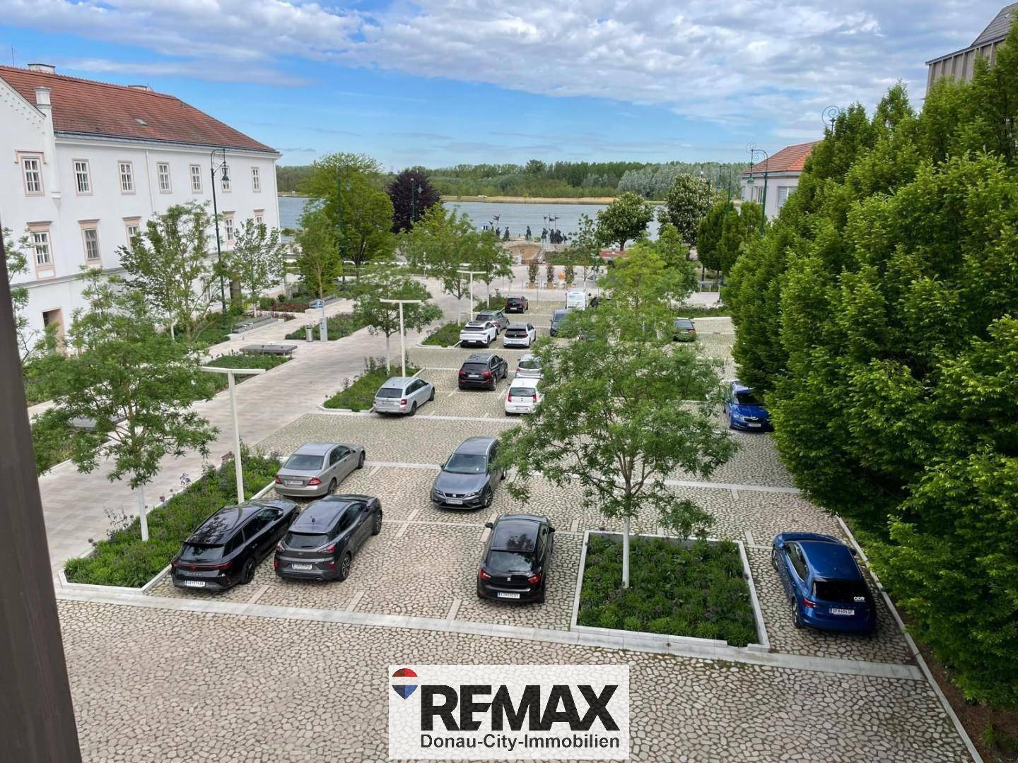 Weitläufiger Parkplatz mit vielen Autos und Bäumen, im Hintergrund ist ein Gewässer sichtbar.