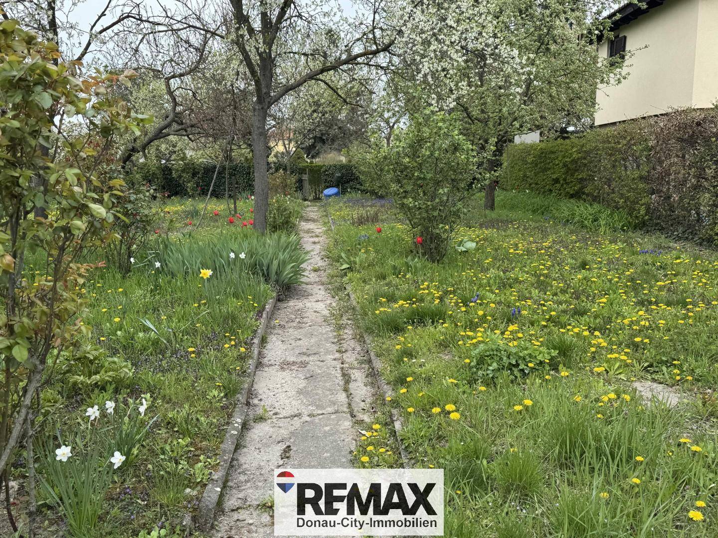 Gartenweg umgeben von blühenden Blumen und Bäumen, führt durch das grüne Grundstück.